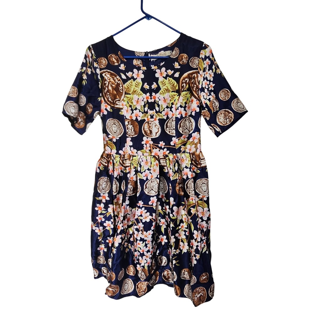 Ou Bai Li New Style Navy Blue Coin Floral Print Short Sleeve Dress M